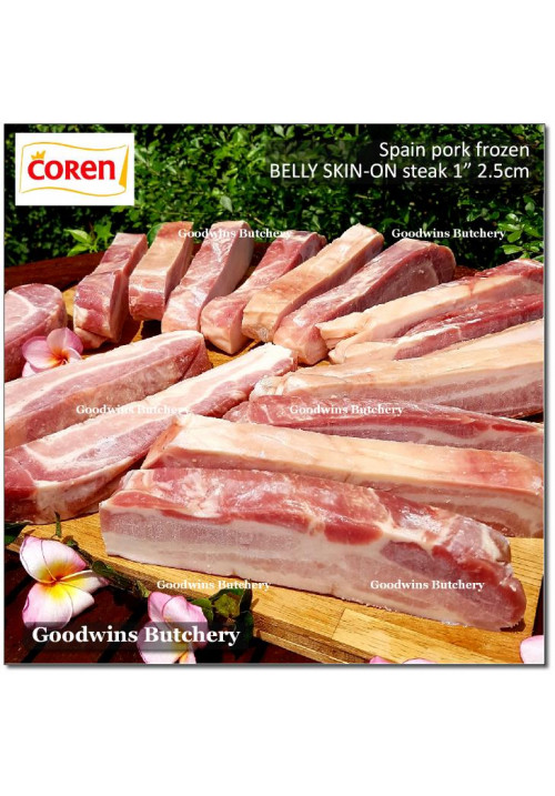 Pork BELLY SKIN ON samcan frozen Spain COREN DUROC SELECTA (fed w/ chestnuts) steak 1" 2.5cm (price/pack 600g 2pcs)